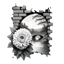 brick wall being torn with Chrysanthemum bouquet and picture of bridge river sky woods coming through tattoo design idea