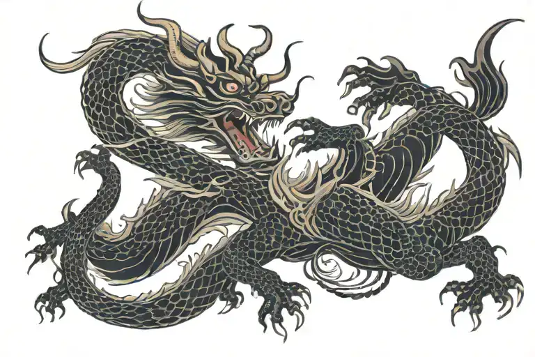 black Japan dragon without wings spread wide tattoo design idea