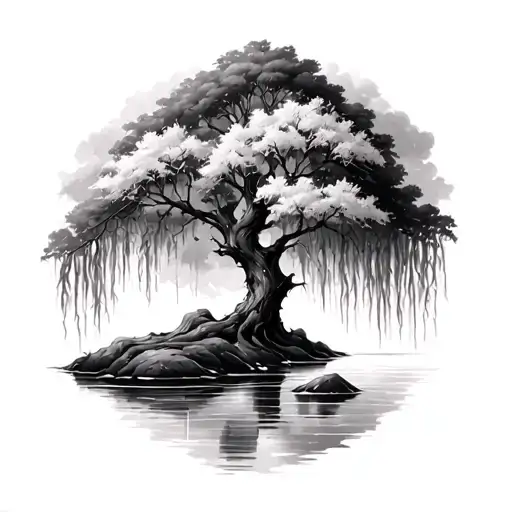 willow tree and a river flowing tattoo design idea