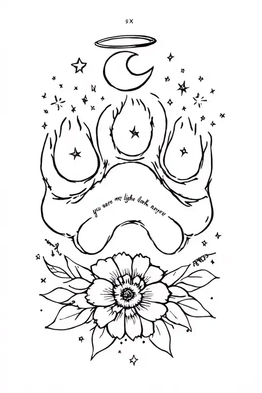 A paw with a small moon and stars and a halo. With a boho flower "You were my light in the dark, my angel forever tattoo design idea
