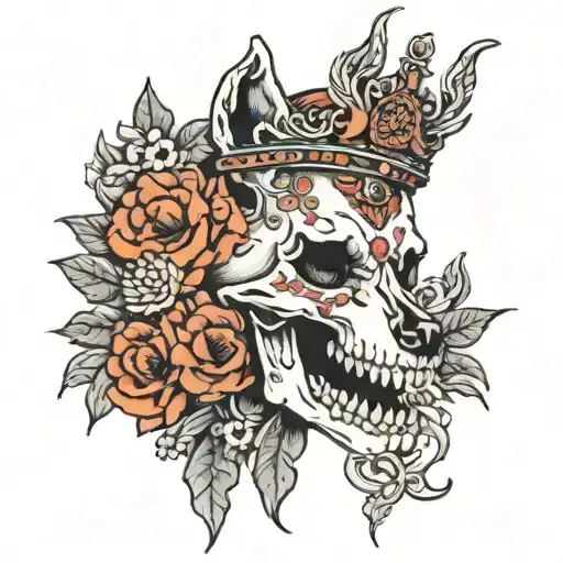 wolf skull with flowers and a crown surrounded by bold flowers woman tattoo design idea