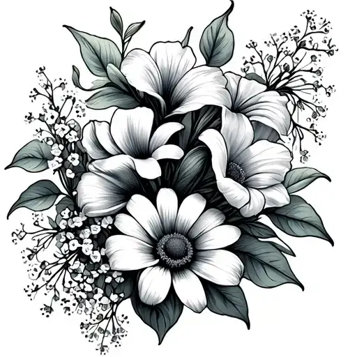 strip of flowers with calla lily larkspur daisys and babys breath tattoo design idea