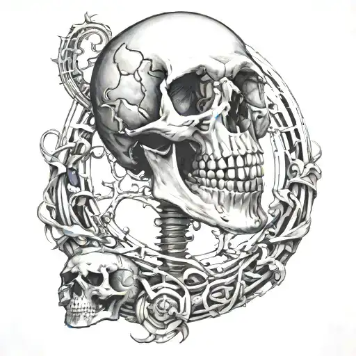 Ouroboros in the form of a human skeleton and skull from side profile on the thigh tattoo design idea