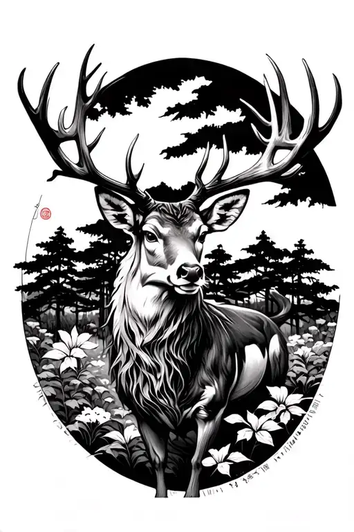 Epic bankai style deer in japanese forest tattoo design idea