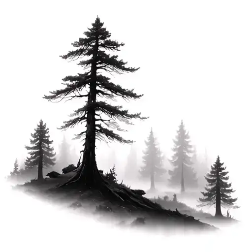 faded dark forest landscape foggy forest tattoo design idea