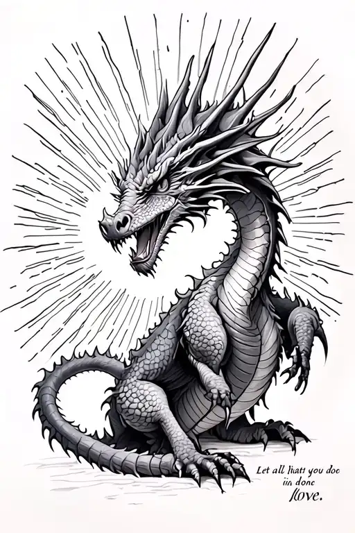dragon surrounded by rays of light , with a quote incorporated saying " let all that you do be done in love " tattoo design idea