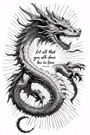 dragon surrounded by rays of light , with a quote incorporated saying " let all that you do be done in love " tattoo design idea