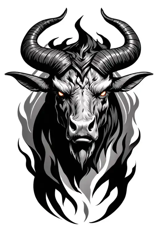minotaur head with fire eyes surrounded tattoo design idea