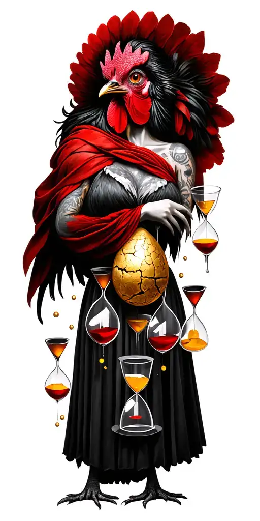 Surreal hen-woman, centered. Cracked golden egg with falling hourglasses. Slavic dress, red shawl, eyes covered with red tattoo design idea