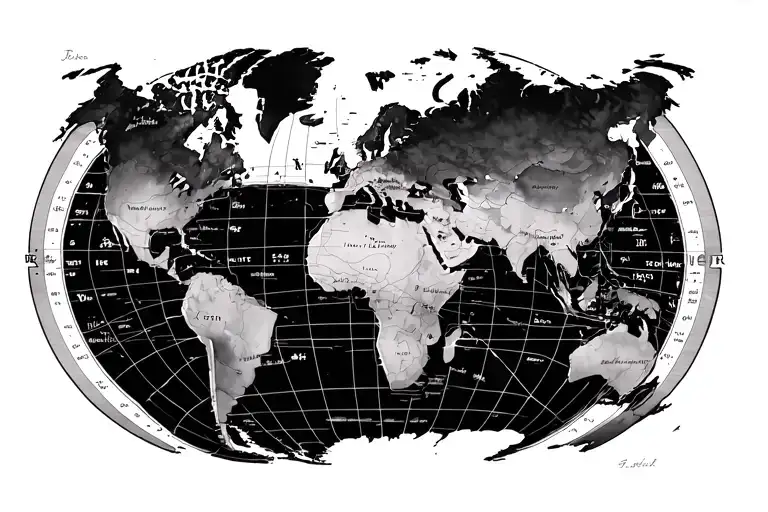 world map with latitude and longitude lines outside of land area for shoulder  tattoo design idea