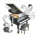 Incorporate a grand piano with swirling musical notes and keys into a mystical mistborn symbol tattoo design idea