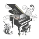 Incorporate a grand piano with swirling musical notes and keys into a mystical mistborn symbol tattoo design idea