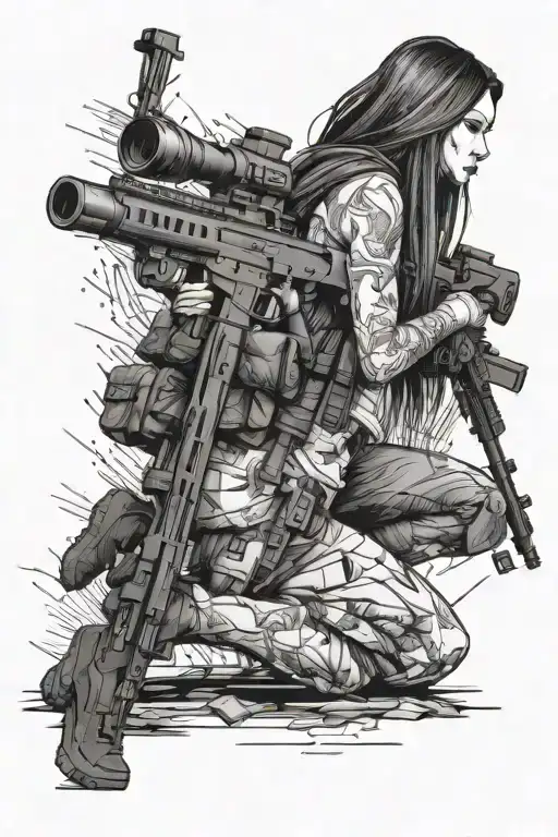 “Black-and-white tattoo sketch of a mysterious female figure crouching with a large sniper rifle. Long hair, futuristic  tattoo design idea