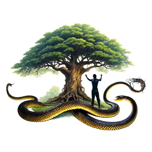 Adam and even in front of tree of life with snake wrapped around  tattoo design idea