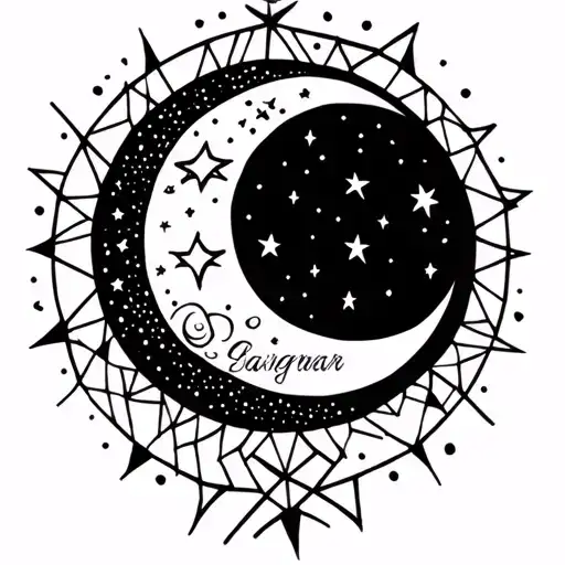 moon with stars for throat with name in the middle surrounded tattoo design idea