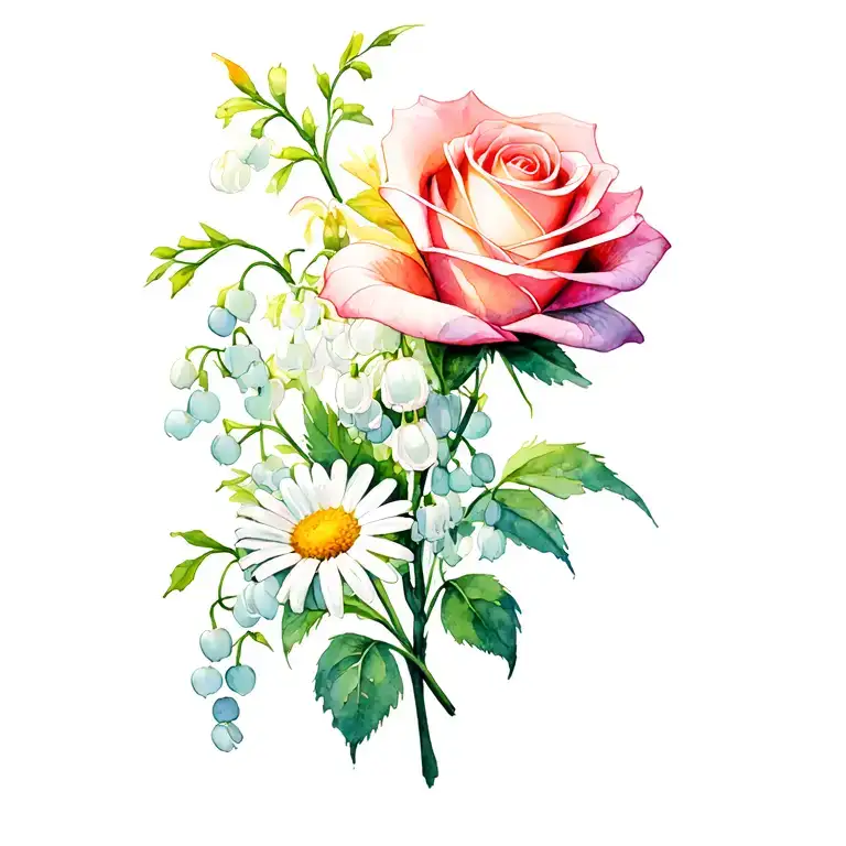 Rose, daisy And Lily of the valley intertwined tattoo design idea