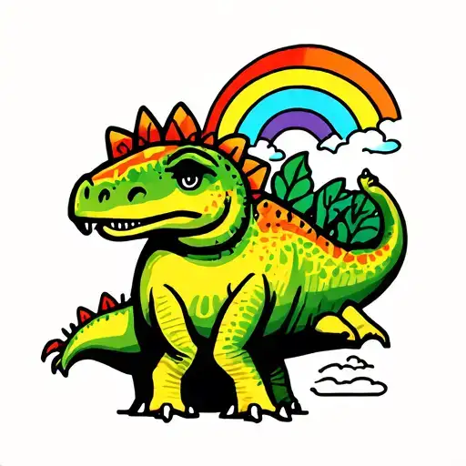 Cute stick figures drawing of a dinosaur and rainbow tattoo design idea