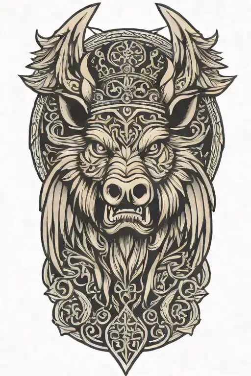 boar head with sword and wings wearing a crown background celtic knot tattoo design idea