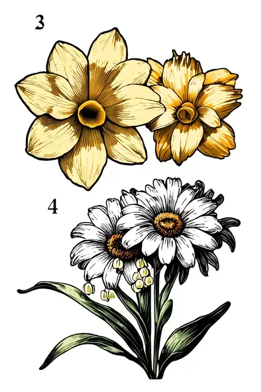 3 seperate postage stamps one has a daffodil, one has a daisy and the last one has a lily of the Valley flower tattoo design idea