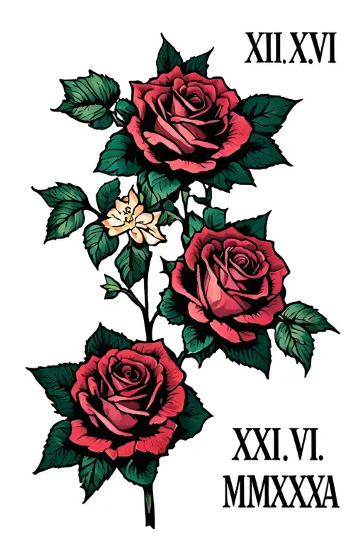 "XXI.VI.MMXXIV" roses and honeysuckle growing tattoo design idea