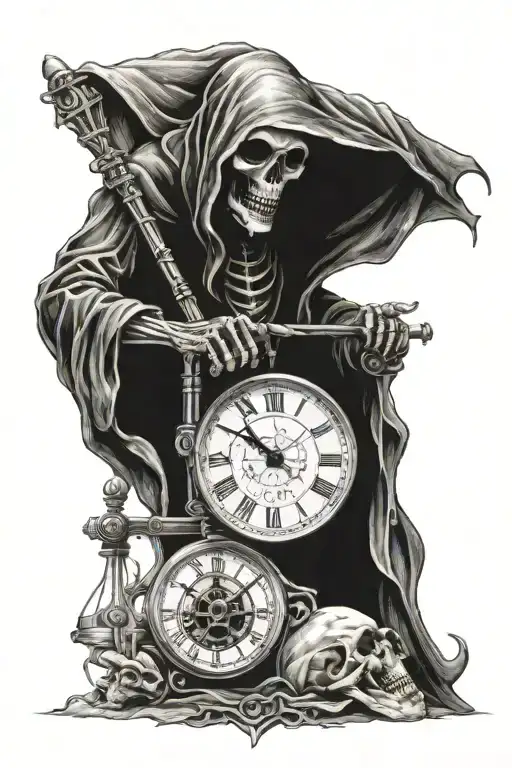 machine reaper holding a pendulum clock tattoo design idea
