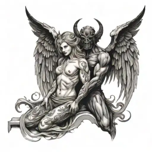 angel and demon Spiritual with wings and demon Site with 666 and angel Site with 999  tattoo design idea