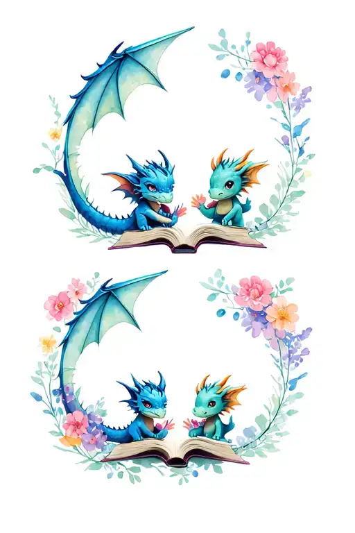 Dragon reading book and two little dragons listening add flowers tattoo design idea