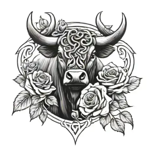 beautiful bull Celtic knot surrounded by roses tattoo design idea