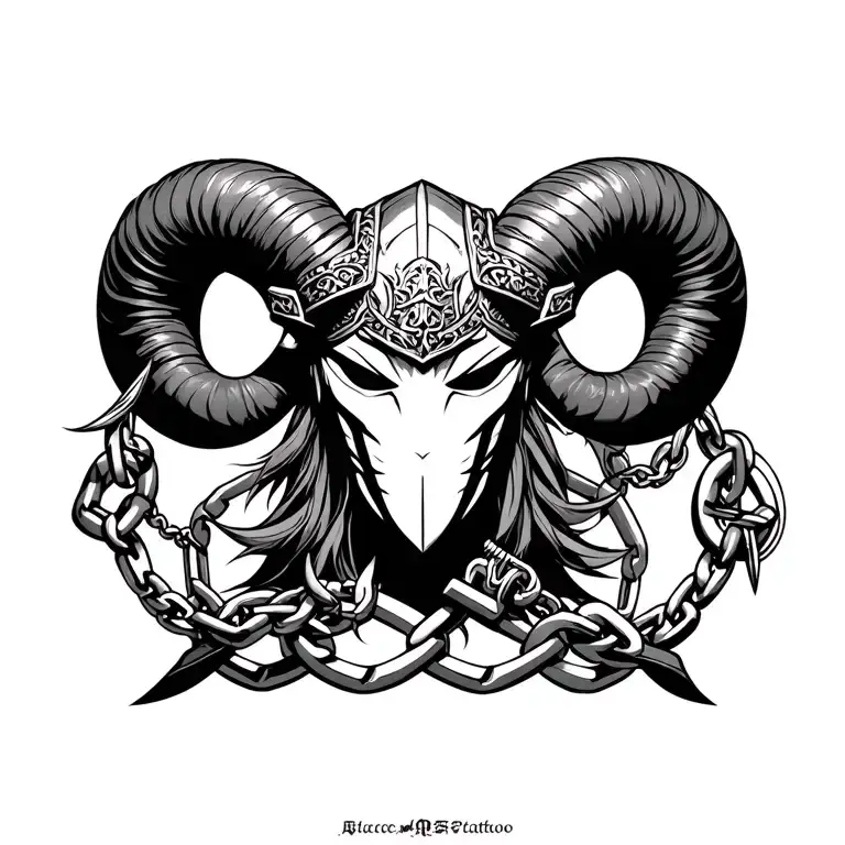 Japanese Aries god of war with samurai mask big chain links and anchor and anime  tattoo design idea