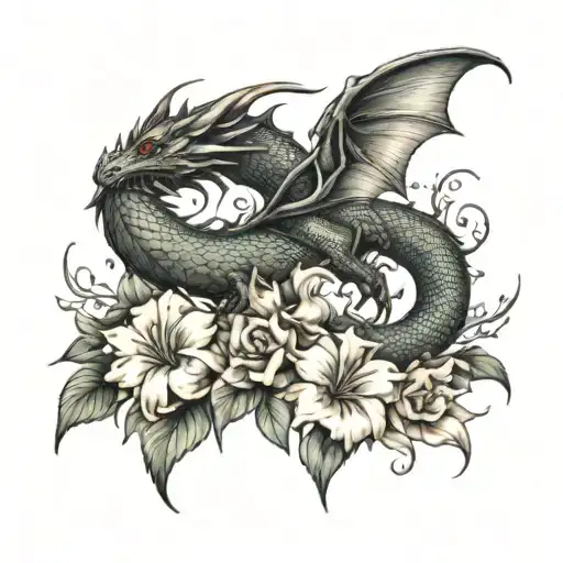 dragon in flowers tattoo design idea