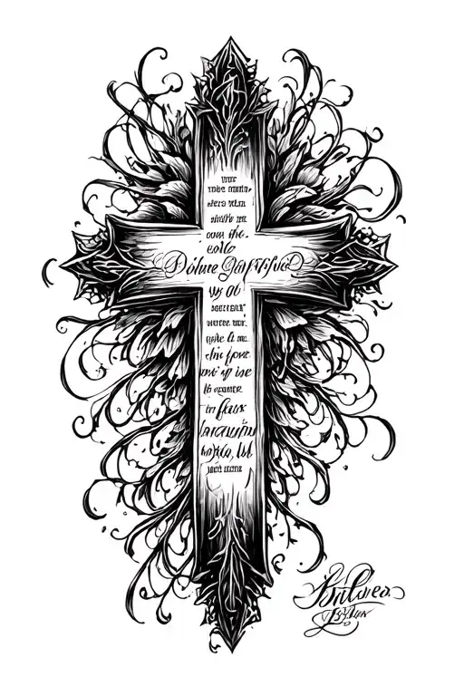 crosses with bible verse written in calligraphy tattoo design idea
