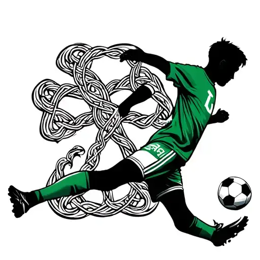 A stylized soccer player kicking a ball with a Celtic cross in the background, combining your love for soccer and Irish culture tattoo design idea