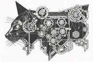 An intricate mechanical cat design inspired by engineering blueprints tattoo design idea