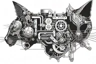 An intricate mechanical cat design inspired by engineering blueprints tattoo design idea