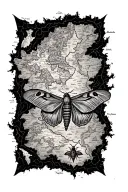 Map of the middle-earth with a moth resting on it tattoo design idea