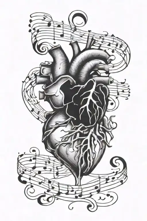 broken heart and a healed heart with music notes floating tattoo design idea