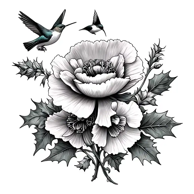 poppy flower intertwined with holly leaves and narcissus flower. with 3 humming birds  tattoo design idea