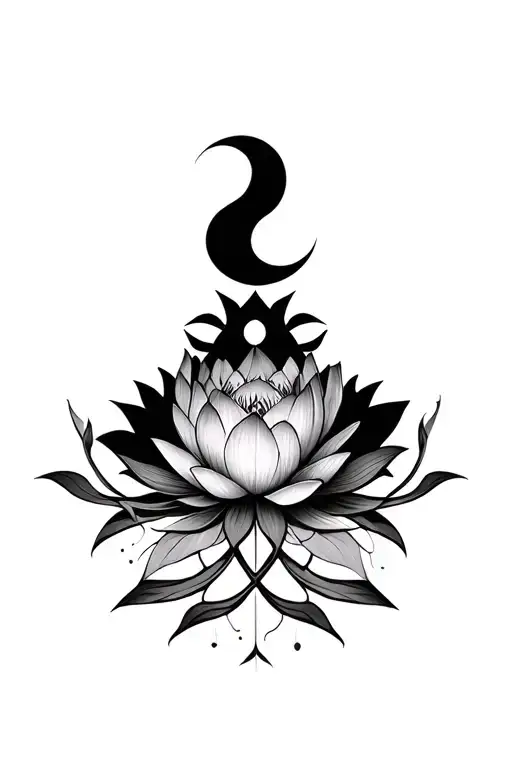 geometric vines below blooming lotus in the center with crescent moon above tattoo design idea