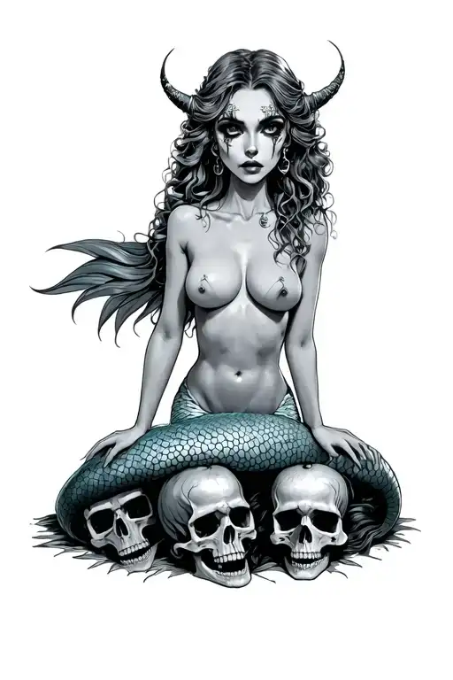 evil mermaid topless with nipple piercings sitting on a bed on skulls tattoo design idea