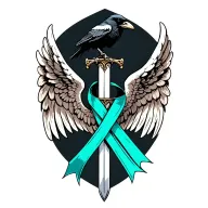 Angel wings behind a sword with a raven on top with teal cancer ribbon wrapped around sword tattoo design idea