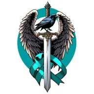 Angel wings behind a sword with a raven on top with teal cancer ribbon wrapped around sword tattoo design idea