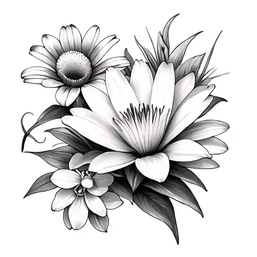 daisy, lily, cosmos, violets, water lily tattoo design idea