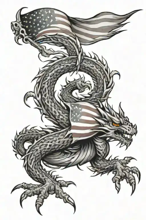 American Flag ripping with dragon breathing fire tattoo design idea