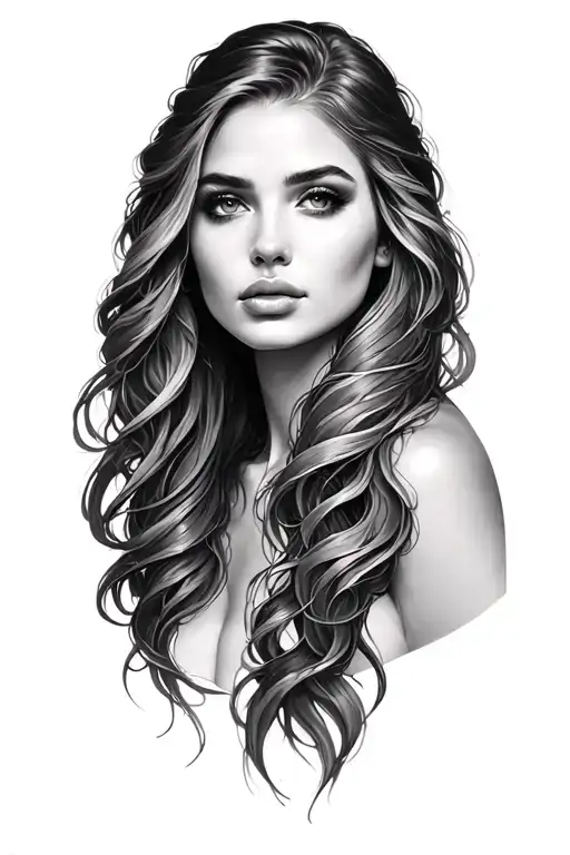 “A hyper-realistic tattoo of a beautiful woman with long flowing hair, soft facial features, and a serene expression. Sh tattoo design idea