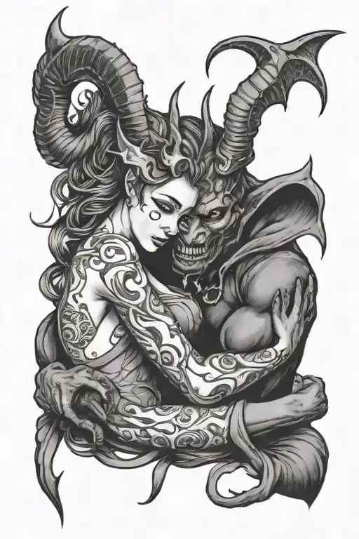 Girl cuddling with devil with horns tattoo design idea