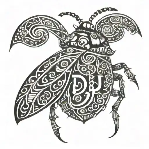 tribal bug with the letters "DJ" being used to ceate the body tattoo design idea