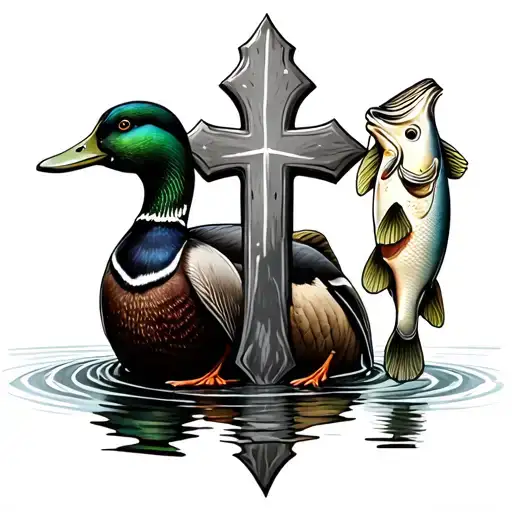 three crosses with a mallard duck and a bass tattoo design idea
