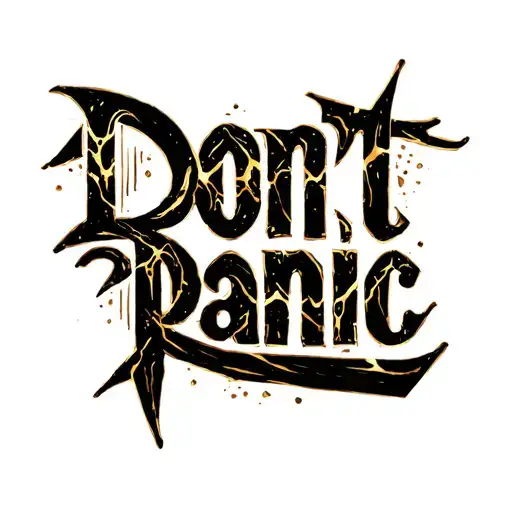 dont panic in black ceramic with gold streaks repairing the letters like kintsugi tattoo design idea
