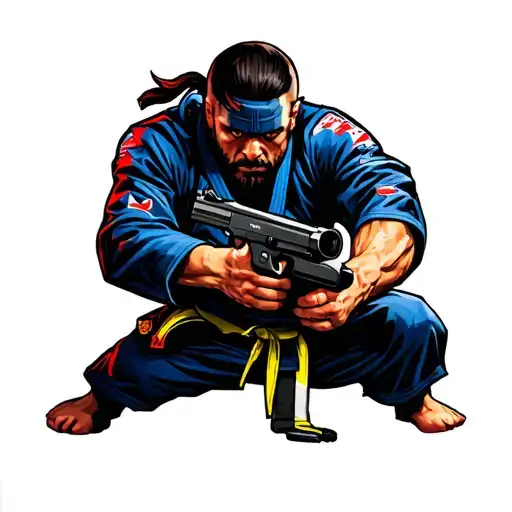 A video game character wielding a gun in a jiu-jitsu stance tattoo design idea
