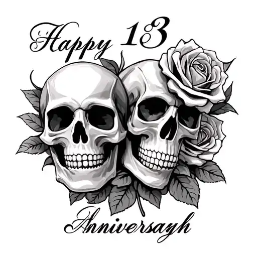skulls and roses black and gray shaded sketch with cursive handwriting font that says Happy 13 year anniversary Ashleigh tattoo design idea